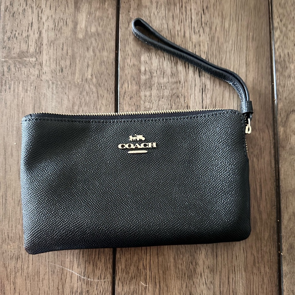 Coach Black Leather Wristlet with Gold Accents
